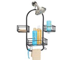 mDesign serviteur de douche à suspendre avec 3 paniers, 4 crochets et un porte-serviette – installation de létagère de douche sans perçage – panier de douche en métal inoxydable – noir mat