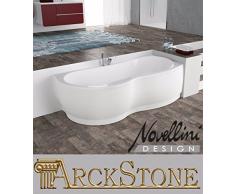 Baignoire dangle Angle Asymétrique rectangulaire courbe Novellini Venus Standard châssis colonne Robinet Douchette Installation droite DX Panneau avant 170x70 180x80 H55 cm acrylique blanc brillant