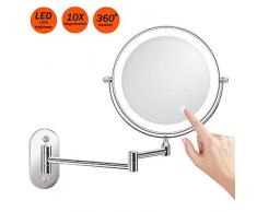 Miroir Grossissant Lumineux Mural x10 Miroir Salle De Bain 8 Pouces Double Face LED 360 Degrés Rotation Pliable 4 Piles AAA Requises (Non Fournies)
