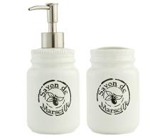 62976 Clayre & Eef - Set accesoires salle de bain - Distributeur de savon, gobelet - Blanc ca. 7 x 12 cm / 7 x 18 cm
