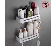 YOOKEA Étagère Douche sans Perçage 2 Pièces, Etagère Salle de Bain en Aluminium Autocollante, Panier antirouille avec 4 Crochets, Argent