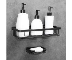 Gricol Etagère de Douche sans Perçage en Aluminium Aéronautique Paniers Rectangulaire Antirouille Auto-adhésif avec Porte-Savon Éponge pour Salle de Bain et Cuisine (Noir)
