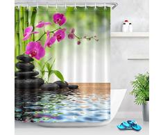 LB Spa Printemps Rideau De Douche Bambou Orchidée Noir Pierre Rideau De Bain 150x180cm Résistant À leau Polyester Tissu Accueil Accessoires Ensemble avec Crochets