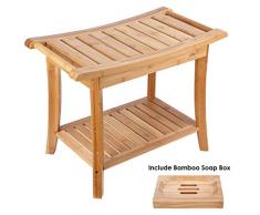 HOMECHO Tabouret de Bain en Bambou, Banc de Siège de Douche avec Ètagère de Rangement et 1 Porte-Savon, 2 Niveau, pour Chambres, Salons, Entrée, 60 x 33 x 46 cm