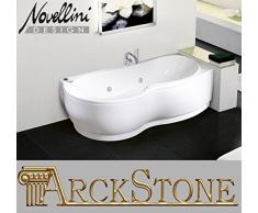Baignoire Angle courbe asymétrique rectangulaire Novellini Venus hydro désinfection 170x70 180x80 H55 cm colonne Robinetterie Installation droite DX Panneau avant Whirlpool Télécommande châssis blanc