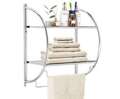 COSTWAY Etagère Murale de Salle de Bain,Meuble de Rangement en Métal Chromé Inox avec 2 Tablettes de Conception Creuse et 2 Porte-Serviettes pour Toilettes,WC 45 x 25,5 x 55CM