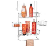 mDesign panier de douche à suspendre – rangement de douche pratique sans perçage – étagère de douche en métal à quatre paniers, deux crochets et une tige pour gants de toilette – argenté