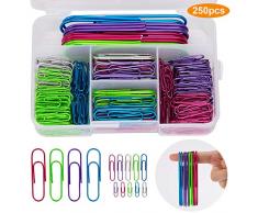 AIEX 250 pièces Trombones Couleurs assorties Petit moyen grand Clips 28mm, 50mm, 100mm pour papiers, écoles, fournitures de bureau