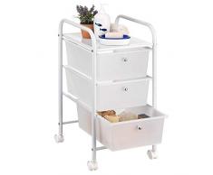 IDIMEX Caisson sur roulettes GINA Chariot avec 3 tiroirs en Plastique Blanc Transparent et 1 étagère, Meuble de Rangement pour Salle de Bain en métal laqué Blanc