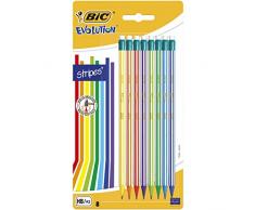 BIC Evolution Stripes avec Gomme Crayons à Papier HB avec Gomme Intégrée - Couleurs Assorties, Blister de 8
