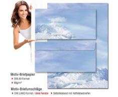 Paper-Media Lot de 10 feuilles de papier à lettre motif montagne enneigée + 10 enveloppes format long sans fenêtre assorties