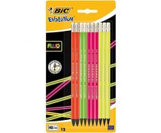 BIC Evolution Fluo Crayons à Papier avec Gomme Intégrée - HB, Blister de 12