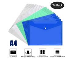 Mutsitaz Lot de 24 pochettes en plastique avec bouton A4 4 couleurs Transparent Blanc Vert Bleu
