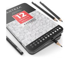 Arteza Crayon à papier pour dessin profesionnel | Crayon 6B 5B 4B 3B 2B B HB F H 2H 3H 4H | Lot de 12 | Crayon gris idéal pour carnet de croquis | Boîte métallique de protection