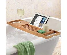 Baignoire en bambou Caddy Plateau en bois Plateau avec salle de bains bras Extension, Lutrin, stand tablette, téléphone mobile Plateau et Verre à vin Porte / Convient for toutes les tailles Baignoire