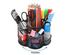 Porte-crayons bureau rotatif, Porte-stylo en métal pour le bureau avec tapis en caoutchouc antidérapant, rotation à 360 ° et 7 compartiments, organiseur de rangement pour fournitures de bureau, Noir
