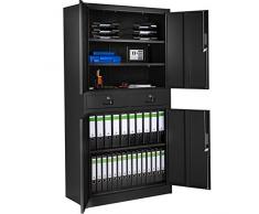 TecTake 402939 Armoire de Bureau Metallique avec 4 Portes Battantes et 2 Tiroirs Verrouillable 180x90x40cm Noir