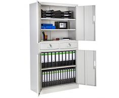 TecTake 402484 Armoire de Bureau Metallique avec 4 Portes battantes et 2 tiroirs verrouillable 180x90x40cm, Gris