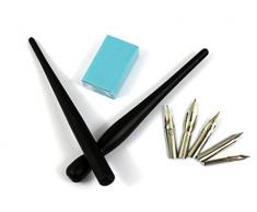 Hillento ensemble comique dessin animé manga stylo plongeur, dessin outil de kit de peinture, deux poignées de porte-stylos noirs, cinq pointes, un morceau de gomme à effacer le dessin