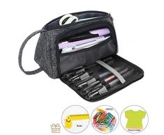 Trousse à Crayons Grande Capacité Gris Étui à Crayons Avec Règle, Notes Autocollantes et 70 Trombones pour Lécole et le Bureau pour Ecole, Etudiant, Garçon, Fille
