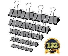 Pinces Double Clip - MAIKEHIGH Lot de 132 Foldback Pinces Papier Métal Binder Clips pour notes Papier à lettre Clip Fournitures de bureau, 5 tailles assorties, noir