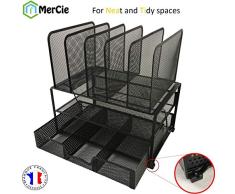 Organisateur de bureau en maille métal noir. Trieur ROBUSTE avec patins ANTIDERAPANTS et anti rayures. Design ELEGANT. Tiroir pour fournitures. Etagère 1 section horizontale et 5 verticales pour docs