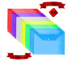 Pochette Porte-Document à Bouton Pression (Lot de 24), A4, 6 Couleurs assorties, Chemise Transparente en Plastique Pochette à Rabat Imperméable pour Protéger vos Documents, Certificats, Recettes