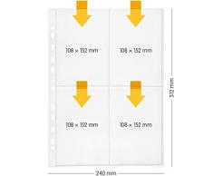 perfect line 100 pochettes transparentes de rangement pour collections, DIN A4, pochettes perforées translucides, divisées en 4 compartiments A6, pochette plastique incolore avec ouverture en haut