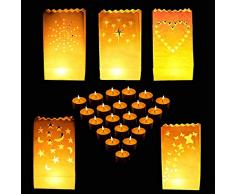 Sac à Bougies (paquet de 50) - Résistants à la Flamme, Réutilisables Lanterne Papier Blanc pour Vacances, Décoration de Fête et Mariage - Étoile, Cœur, Lune, Dot et Papillon forme d Sac à Bougies