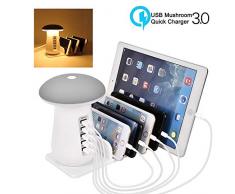 Tempo Station de Charge USB, Quick Charge 3.0 Chargeur Multiple USB avec 5 Ports, Support de Charge pour Apple IPad IPhone Samsung Huawei Smartphones Tablettes, Champignon LED Lampe