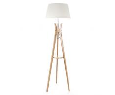 Lampadaire trépied avec tablette - Esprit industriel - Pied en bois et abat-jour BLANC CASSE