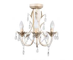 MiniSun Lustre, Suspension, Chandelier 3 Branches. Vintage, Peinte à la Main - Fini en Or Brossé sur Blanc Cassé aux Pampilles de Cristaux (acryliques)