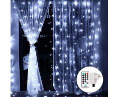 Qedertek Rideau Lumineux, 3M x 3M, 300 LED Guirlande Lumineuse électrique Blanc Froid 8 Modes Lumière de Rideau Idéal pour Décoration Noël Mariage Anniversaire Fête Vitrine Fenêtre