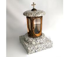 designgrab messingfarbenem en aluminium Tombe Lampe avec socle en granit 20 x 20 x 5 cm, Aspect Antique avec croix et Granit Silésien/strie gauer/Dorn Montagne en aspect ancien Ampoules funéraire Tombe Lampe Lanterne Funéraire