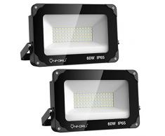 Onforu Lot de 2 Projecteur LED Éxterieur 60W, 6600LM Spot LED Puissant, IP66 Imperméable, 5000K Blanc Froid, Éclairage de Sécurité pour Stade Terrains Cour Parking Jardin Basket