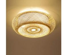 E27 Plafonnier de Branche de Bambou de Style rétro,Abat-jour rond en rotin, lanternes tissées à la Main décoration Plafond créatif Lampe (50cm)