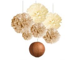 SUNBEAUTY Decoration Salle de Mariage Champetre Pompon Papier de Soie Creme Brun Marron Lanterne Papier pour Anniversaire Chambre Maison Deco 7 pcs