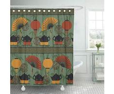 GSYL Rideau de Douche en Tissu avec des Crochets Restaurant Tea Party avec Une Tasse de Lanterne de Ventilateur Chinois et Une théière Japonaise Ancienne Asie décorative