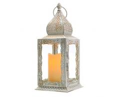 JHY Design Lanternes décoratives 31 cm haut bougeoir en métal ou lanterne suspendue de style vintage pour intérieur extérieur, événements, parités et mariages (blanc avec brosse dorée)