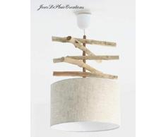 Lustre bois flotté abat jour cylindre 30 cm lin suspension cylindrique plafonnier rond idée cadeau anniversaire crémaillère décoration zen bord de mer