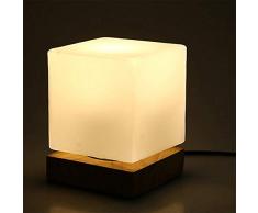 Moderne Cube Lampe de Table Abat-jour en Verre Carré Base en Bois E27 Douille Lampe de Chevet Lumiere Douce Blanche Soin des Yeux pour Chambre de Couche