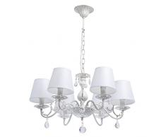 MW-Light 448012106 Lustre Suspension Romantique à 6 Lampes en Métal Blanc Doré Abat-jours en Tissu Blanc décoré de Pampilles en Cristal pour Salon Chambre à Coucher Salon 6x40W E14