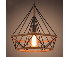 Lustre fer diamant chanvre corde Lustre fer forge Suspension industrielle E27 Screw-on DIY Metal Ceiling Lamp de diamant Plafonnier Abat-jour Lustre fer forge Corde de chanvre Cage Lampe de plafond