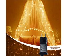 FLY5D Rideau Lumineux à LED, Rideau Guirlandes, 300 LED, 3M * 3M, 8 Modes, Lumière Blanche Chaude, Avec Adaptateur Secteur, Convient à la Décoration Intérieure, Extérieure et De Fête