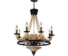 Ancien Corde de chanvre Lustre Rétro Industriel Suspension Lumière pendante Rond Bague Roue Désign Noir Fer Lampe suspendue pour Salon Chambre Loft Cuisine Table de salle à manger Bar D68cm, 8 lumière