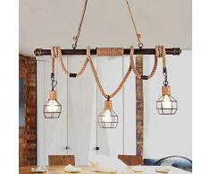 Rustique Ancien Suspension Lumière pendante Corde de chanvre Lampe suspendue pour Salon Îlot de cuisine Table de salle à manger Loft Bar Lustre Noir Fer Cage Abat jour Rétro Industriel Éclairage