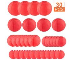 STARVAST 30 Pcs Lanternes en Papier - Lampion Papier Rouge, Lanterne en Papier Ronde pour Mariage, Maison, Fêtes et Noël - Assortiment de Tailles Rondes (4,6,8,10,12) - Rouge