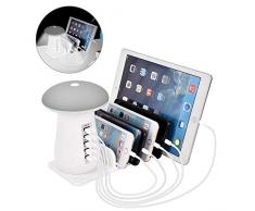 KOBWA Station de Charge USB, Quick Charge 3.0 Chargeur Multiple USB avec 5 Ports USB de Recharge, Support de Charge pour Apple IPad IPhone Samsung Smartphones Tablettes, Champignon LED Lampe