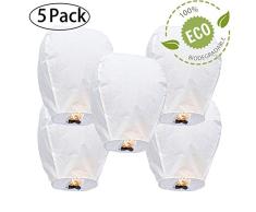 GCOA 5 Pack Lanternes chinoises Sky Lanterne en papier écologique résistante au feu 100% biodégradable et respectueuse de lenvironnement à libérer dans le ciel (ensemble de 5, blanc)