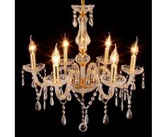Ridgeyard Classique 6 Feux Pampilles Lustre Verre K9 Cristal Plafonnier Lampe Luminaire (Dor)
